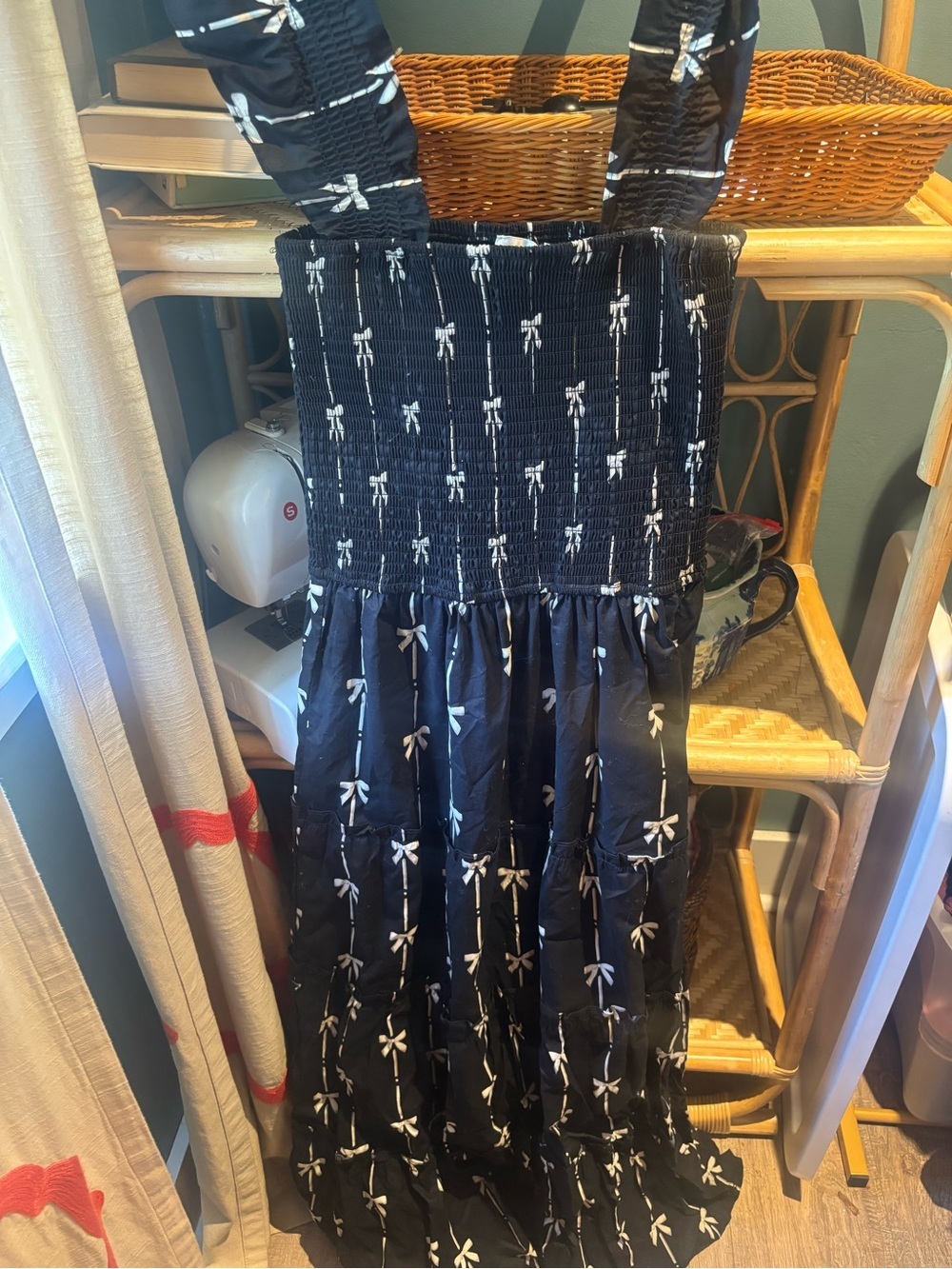 Black Bow-Print Smocked Sundress